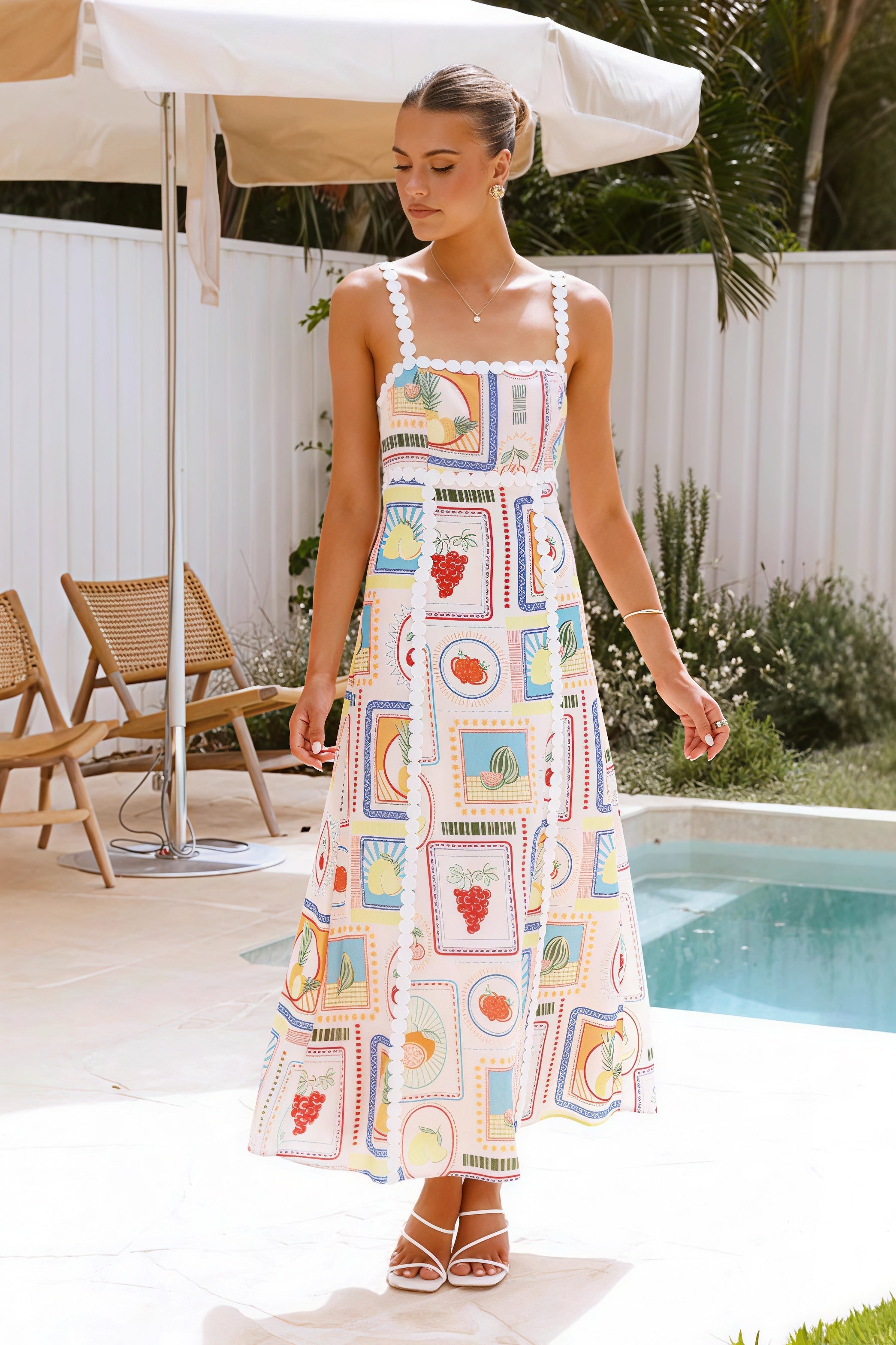 Red Square Neck Pom Pom Trim Fruit Stamp Print Midi Dress