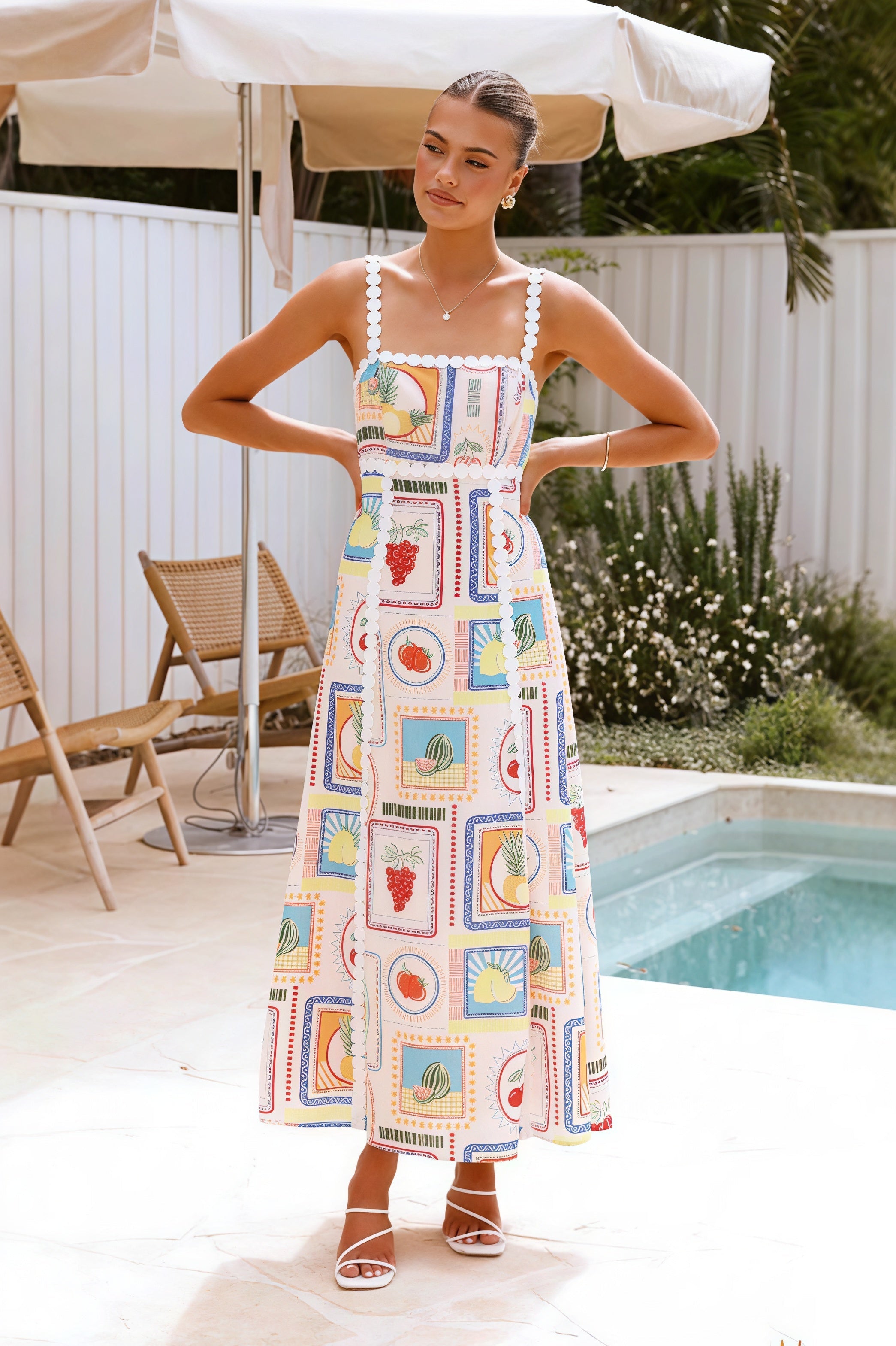 Red Square Neck Pom Pom Trim Fruit Stamp Print Midi Dress 3