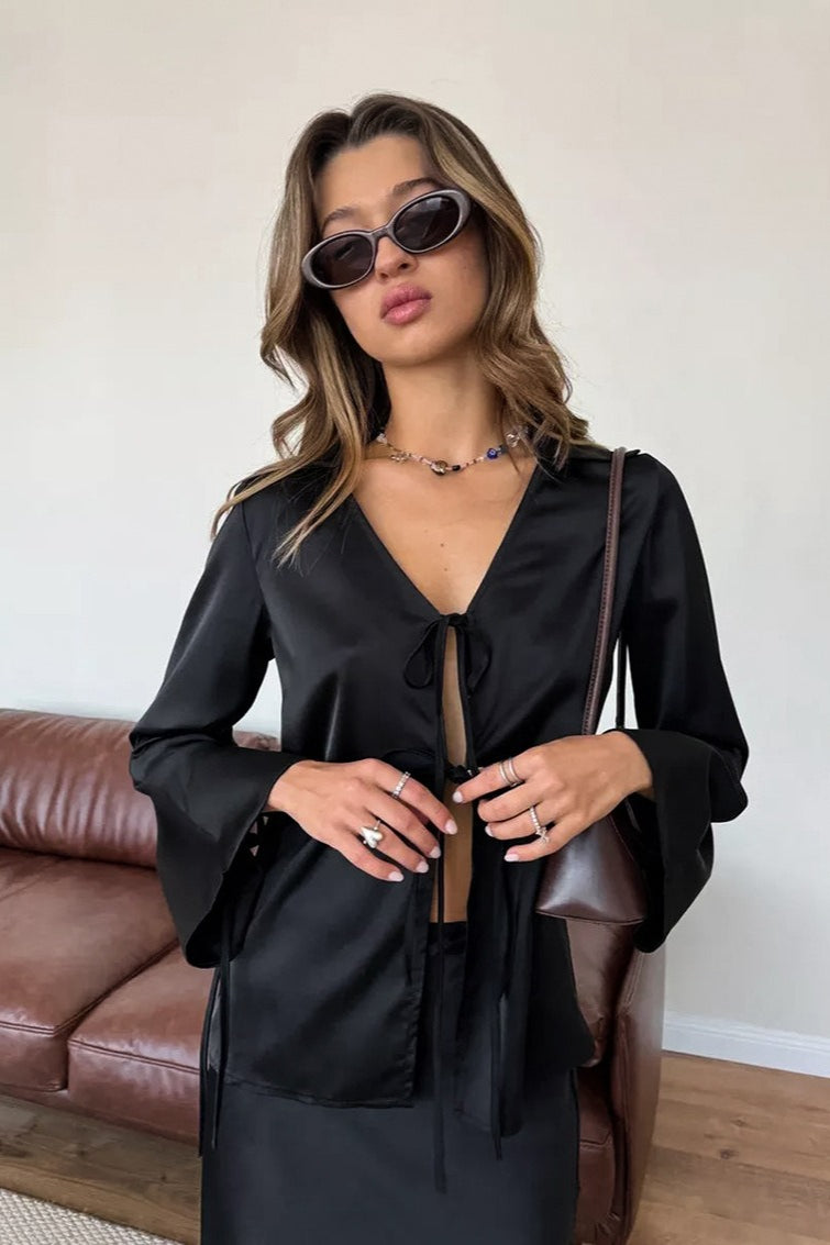 V Neck Tie Front Satin Top Maxi Skirt Set