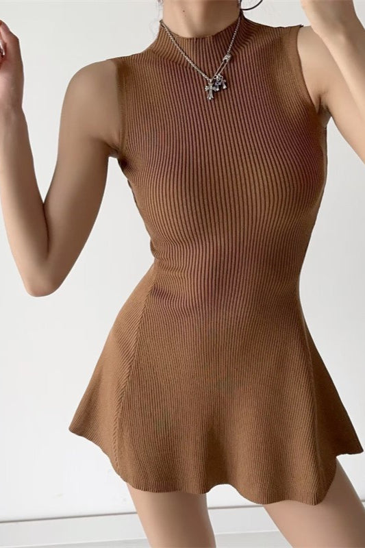 Sleeveless Solid Ribbed Fitted ALine Sweater Dress