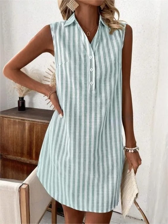 Collar Sleeveless Striped Button Placket Shift Mini Dress 3