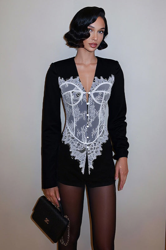 VNeck Lace Panel Button Front Blazer