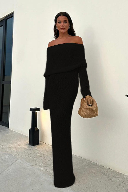 Backless Knit OffShoulder Maxi Sweater Dress