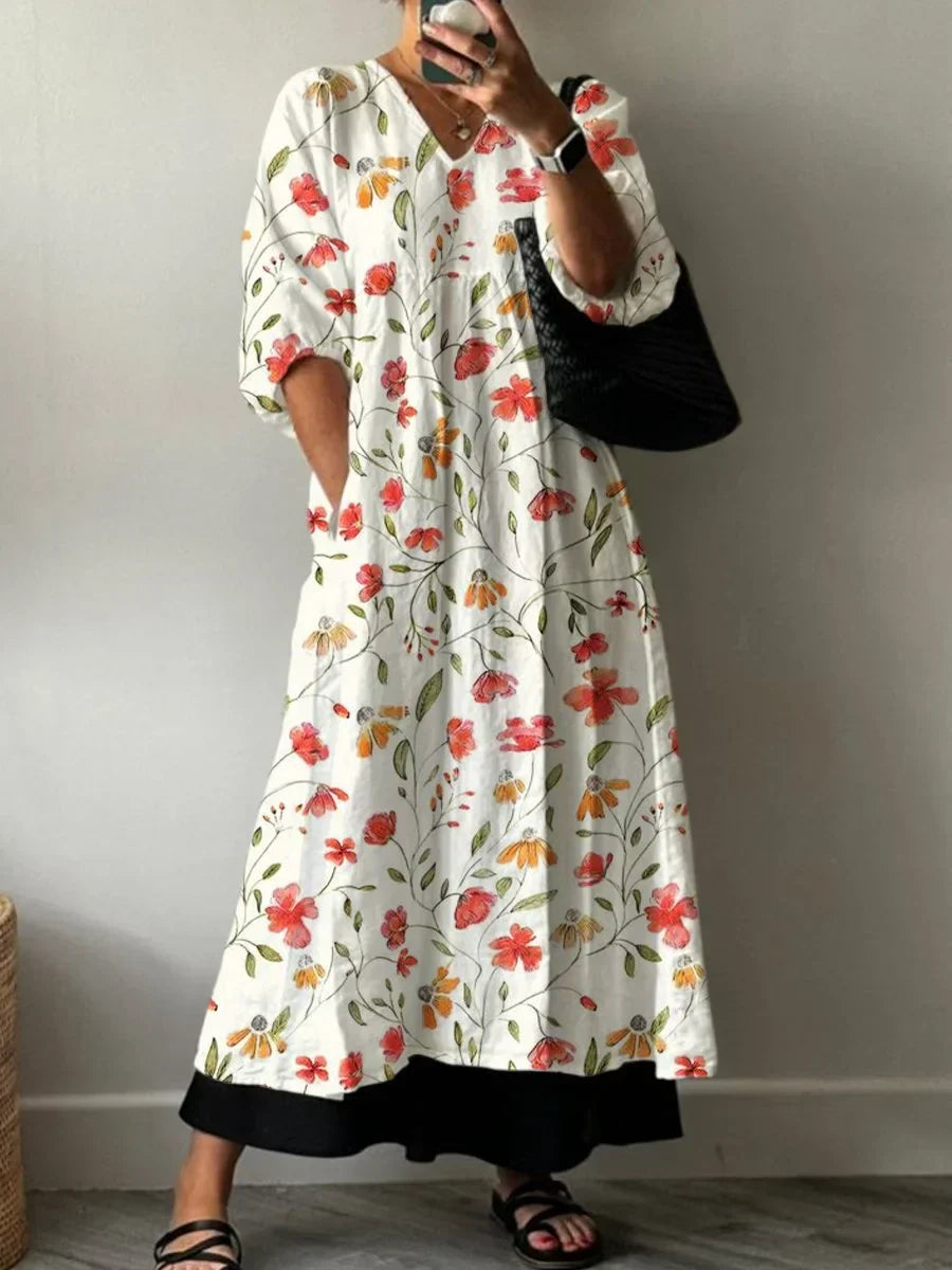 V-Neck Wildflower Print Pocket Relaxed Shift Maxi Dress