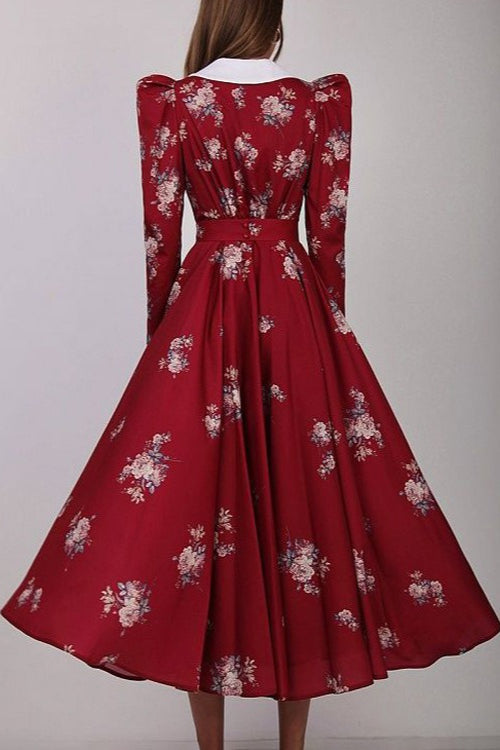 Contrast Collar Puff Sleeve Belted Ditsy Floral Print Midi Dress 7