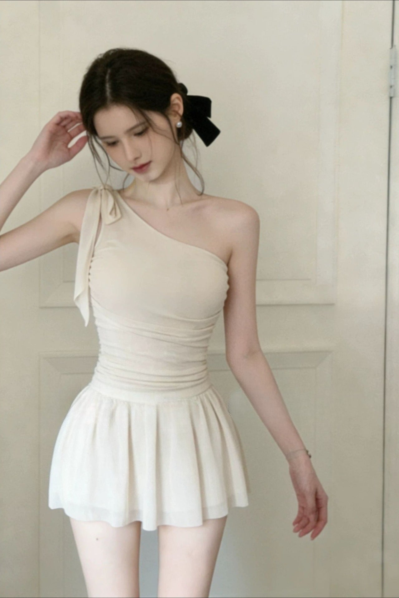Romantic Solid Waist Cinch One Shoulder Bow One Piece Swimwear