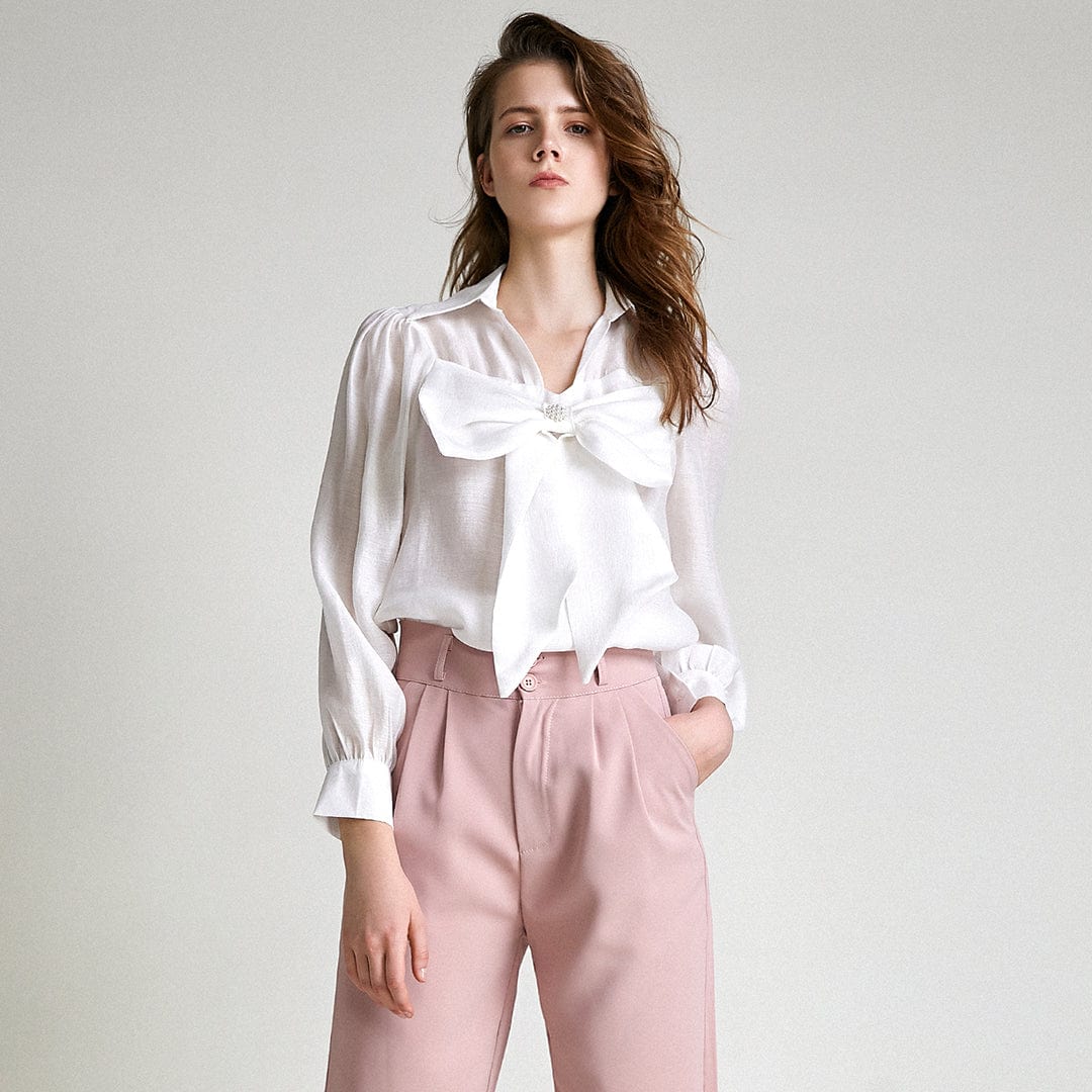 White Bow-Front Collared Blouse