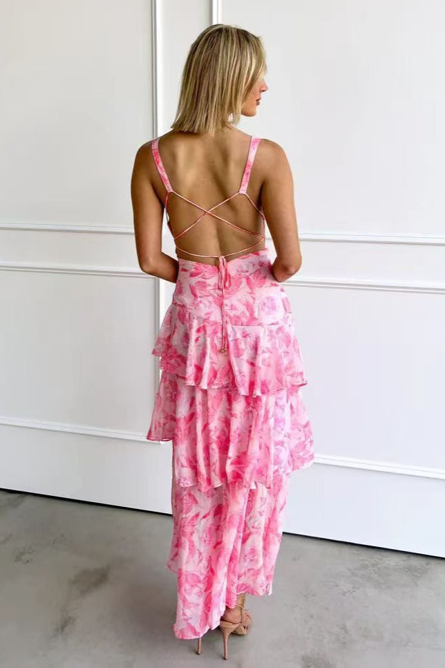 Deep V Neck Tiered Ruffle Watercolor Floral Print Maxi Dress 5