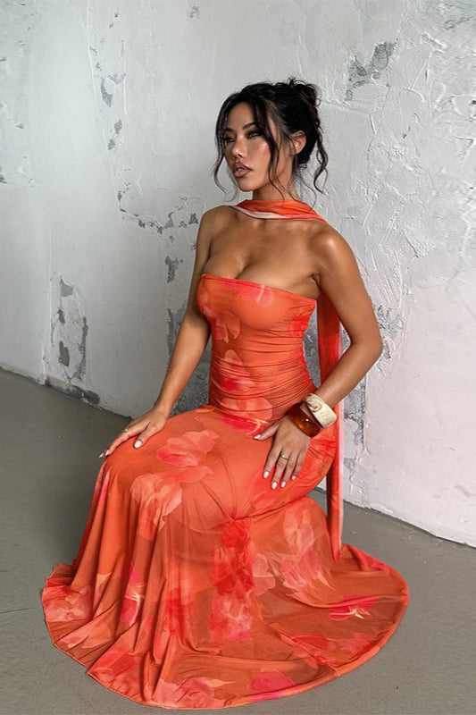 Orange Strapless Mermaid Ruched Abstract Floral Print Maxi Dress 3