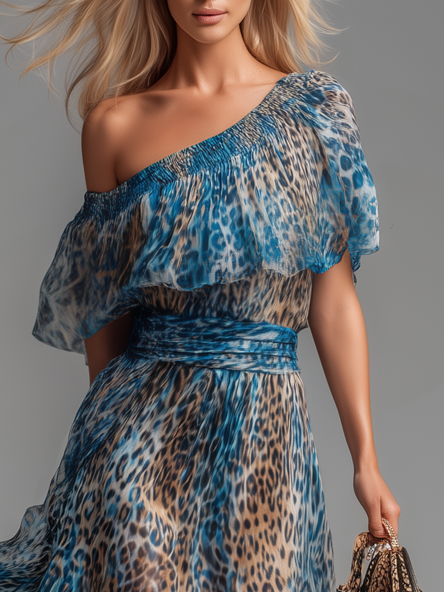 Blue One-Shoulder Ruffle Leopard Chiffon Flowy A-Line Maxi Dress 4