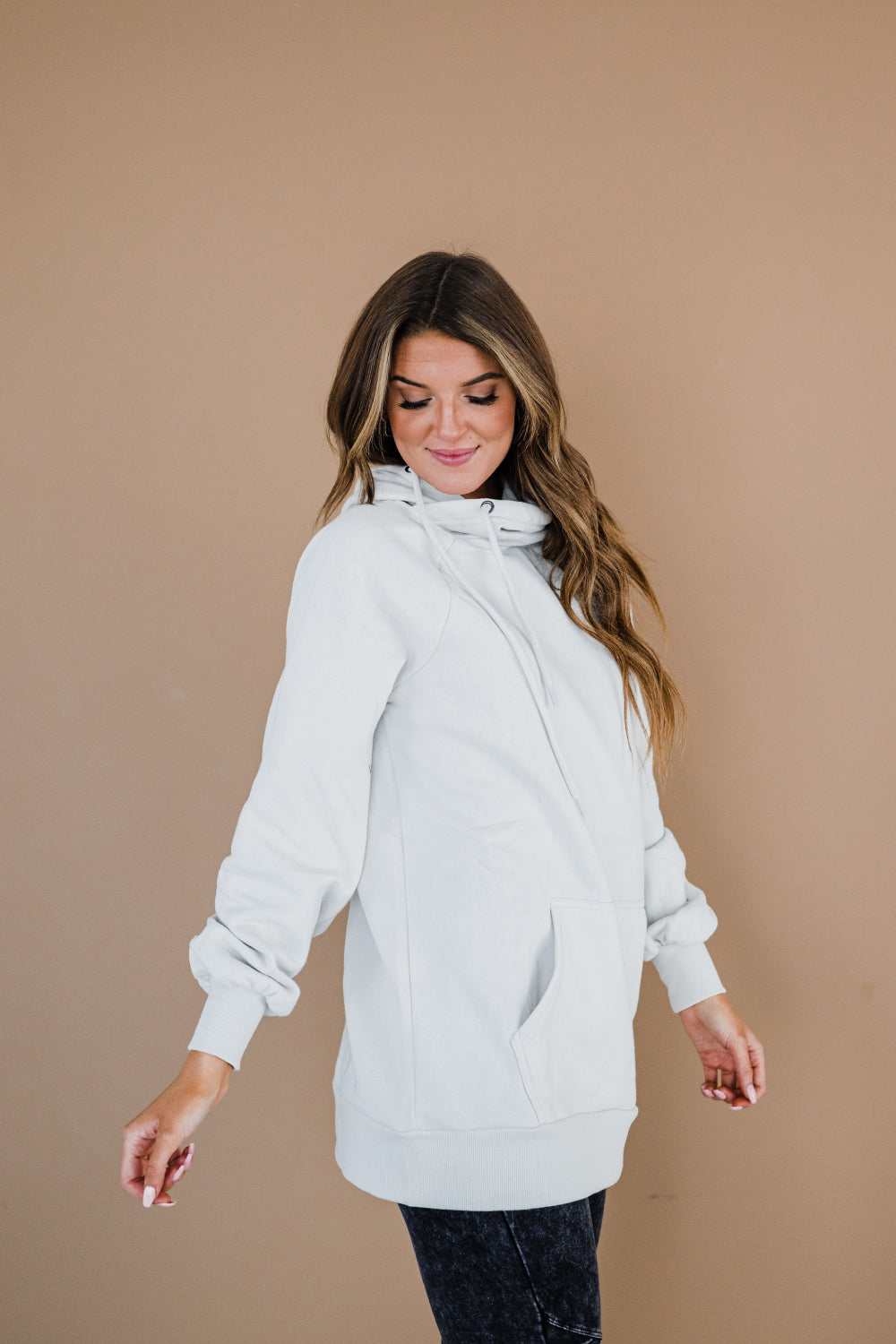 Bone Cowl Neck Drawstring Kangaroo Pocket Long Sleeve Sweatshirt Mini Dress