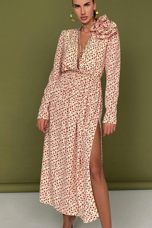 Deep V Neck Long Sleeve 3D Flower Applique High Slit Maxi Dress 2