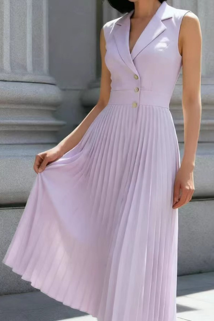 Ruched Ice Silk Lapel High Waist Work Dress