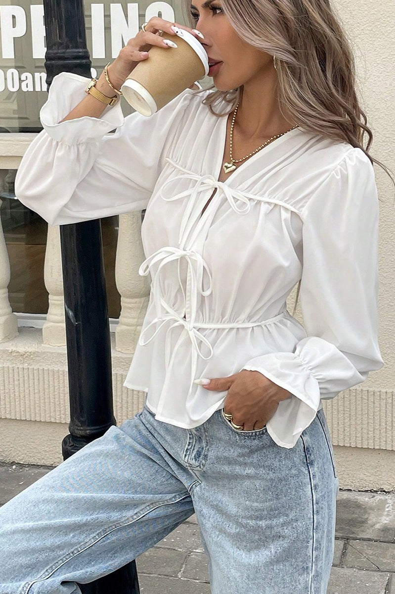 Waist-Tie Long-Sleeve Cardigan Blouse