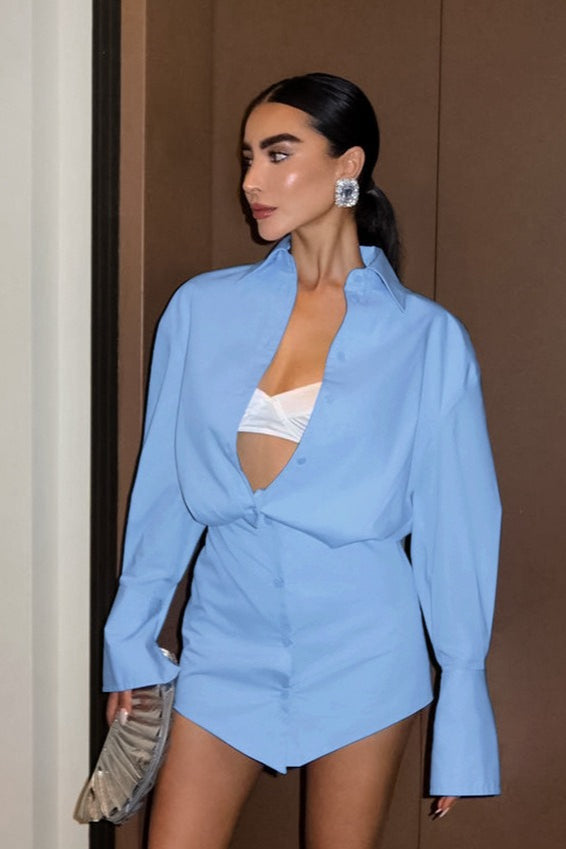 Blue Collared Shirt Sleeve Mini Dress
