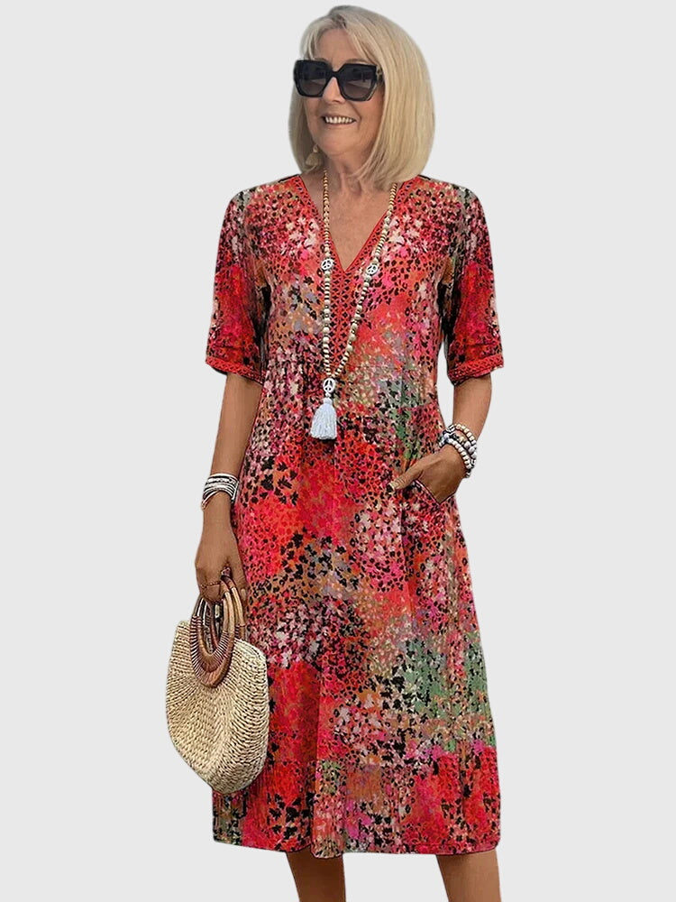 V-Neck Crochet Trim Short Sleeve Floral Print Pocket Midi Dress