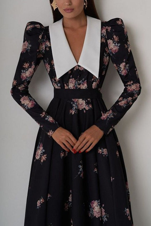 Contrast Collar Puff Sleeve Belted Ditsy Floral Print Midi Dress 5
