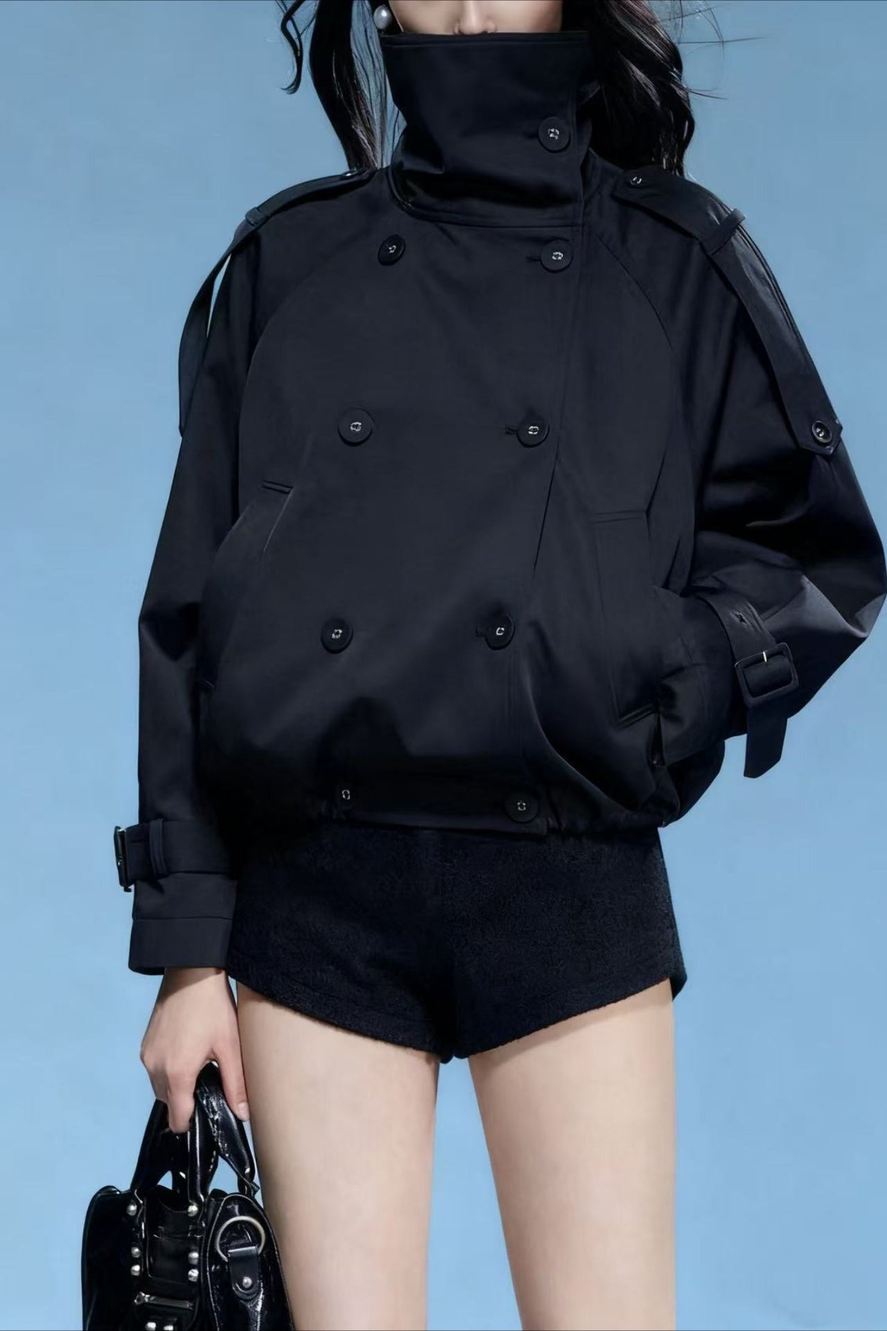 Stand Collar Double Breasted Khaki Cropped Coat