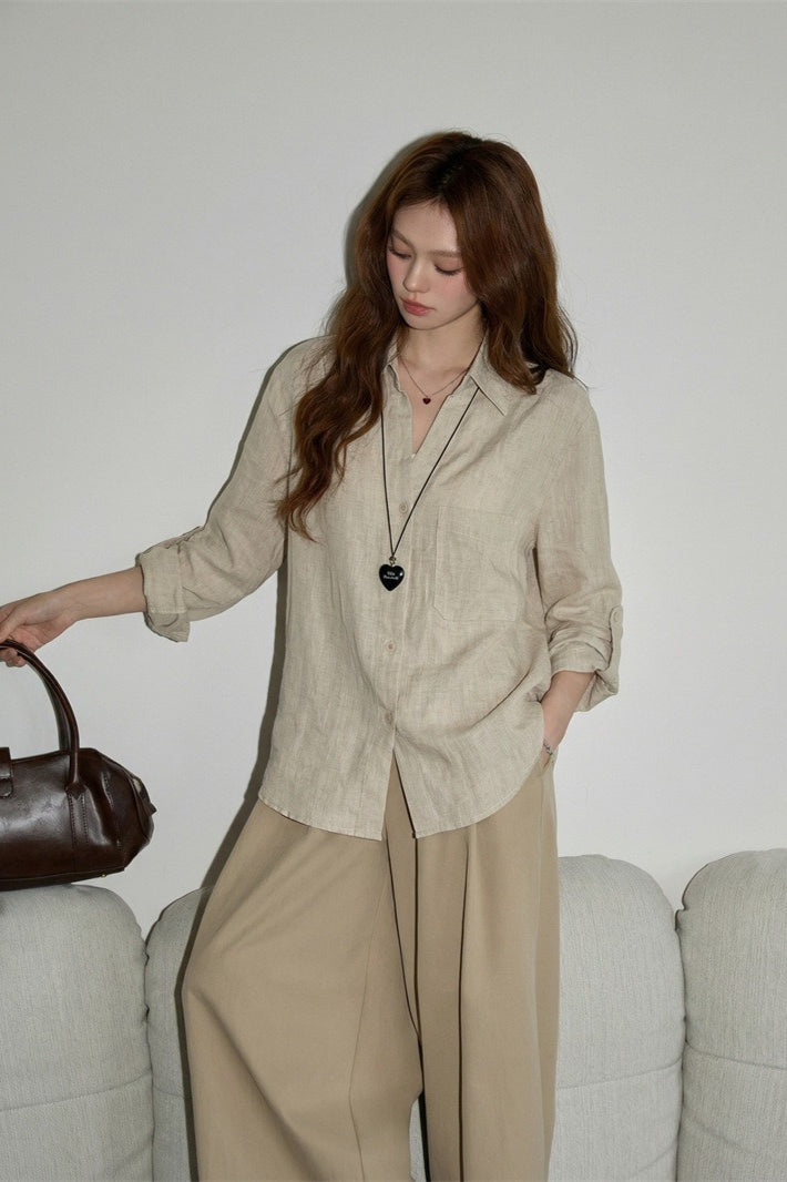 Pure Linen Casual Button Down Blouse
