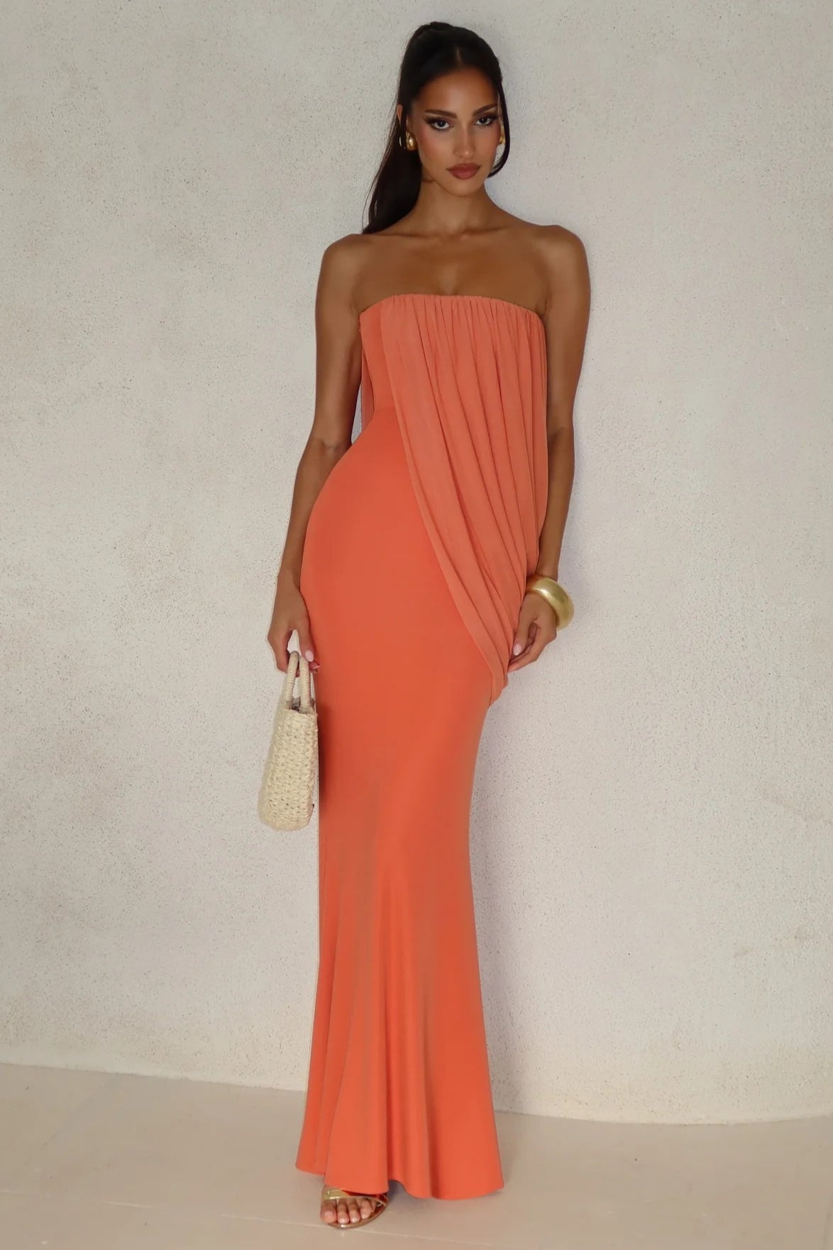 Draped Mesh Tube Irregular Ruche Maxi Slim Bodycon Dress