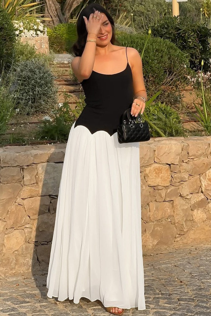 Color Block Open Back Waist Cinch Maxi Slip Dress