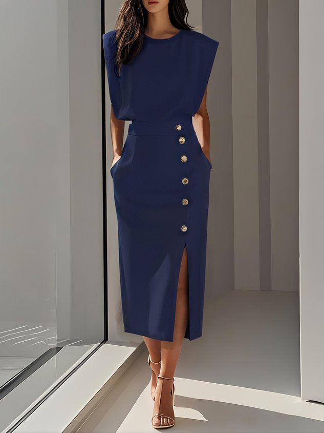 Round Neck Sleeveless Button Slit Sheath Midi Dress
