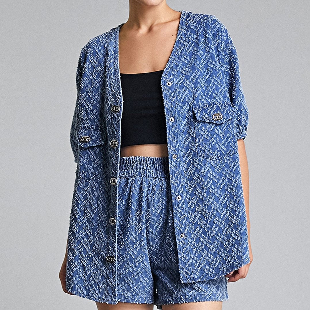 Royal Blue Frayed Denim Longline Button-Up Top & Shorts Two-Piece Set
