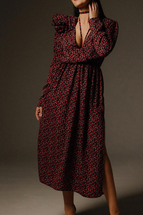 Deep V Neck Long Sleeve 3D Flower Applique High Slit Maxi Dress 5