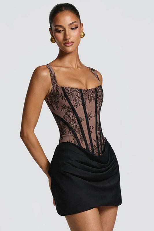 Square Neck Lace Print Ruched Patchwork Slip Dress
