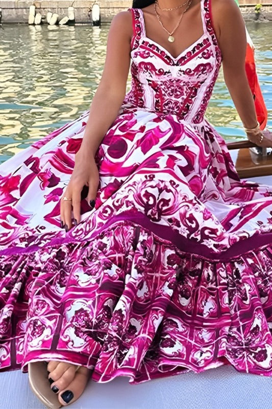 Wide Strap Sweetheart Baroque Print Tiered Ruffle Maxi Dress 2