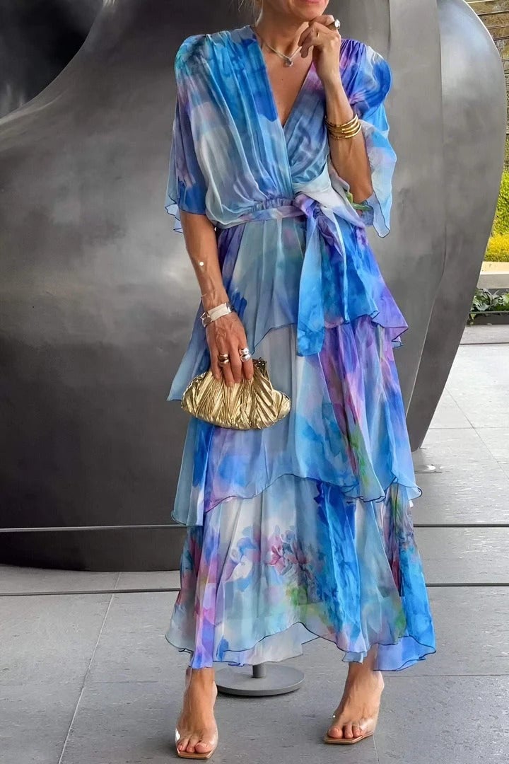V-Neck Flutter Sleeve Watercolor Floral Tie Waist Tiered Maxi Dress