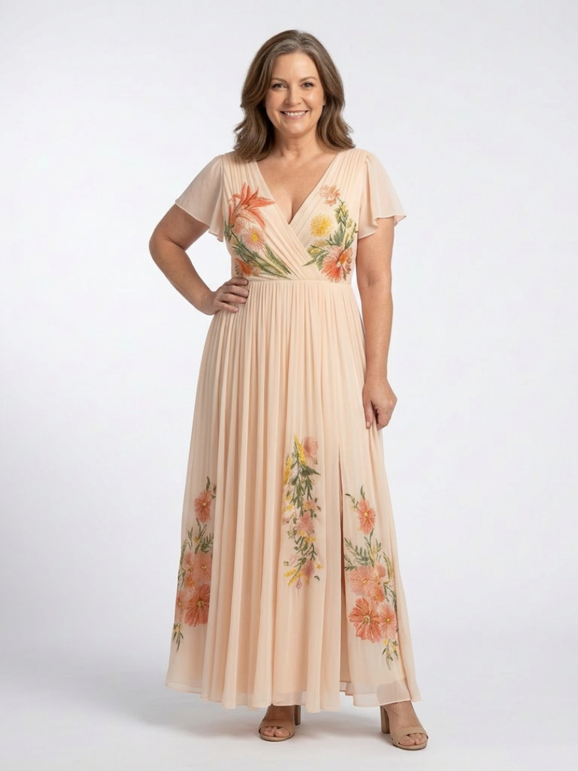 Floral V-Neck Floral Embroidered Flutter Sleeve Pleated Chiffon Maxi Gown
