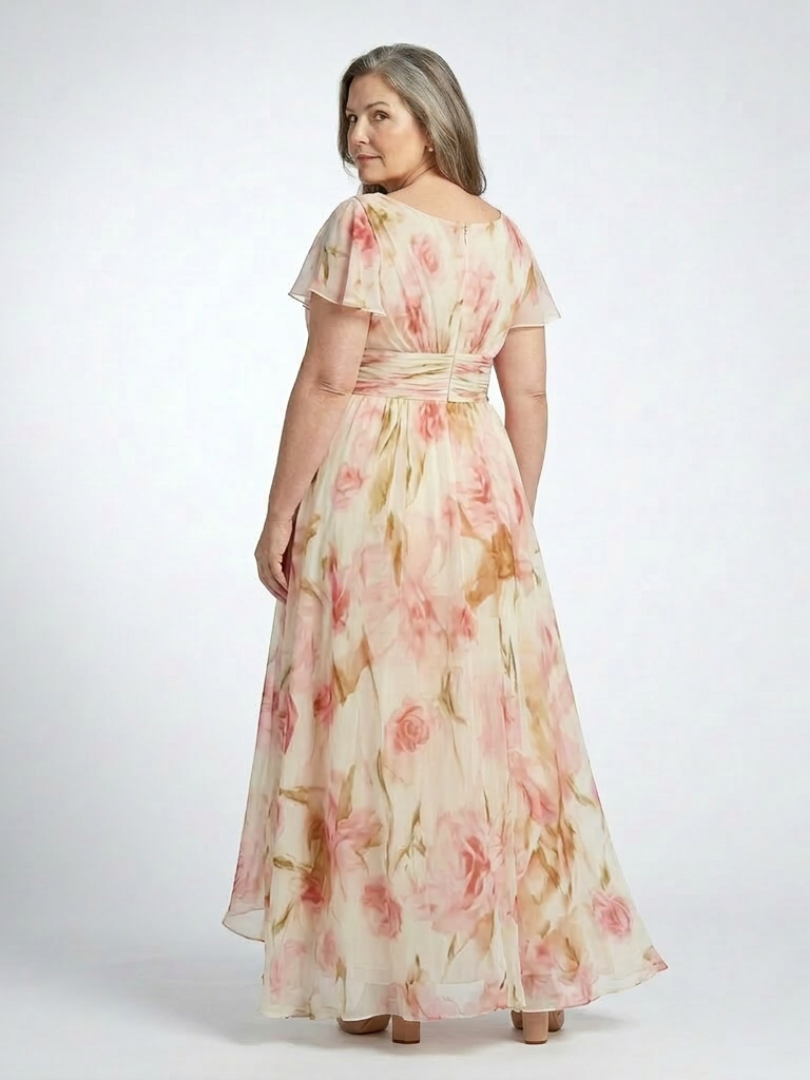 Pink V-Neck Floral Flutter Sleeve Ruched Waist Chiffon Maxi Dress