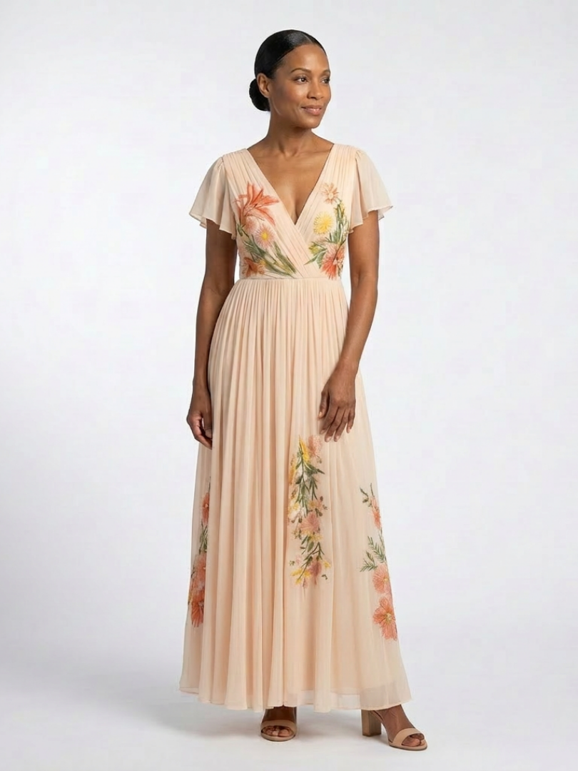 Floral V-Neck Floral Embroidered Flutter Sleeve Pleated Chiffon Maxi Gown