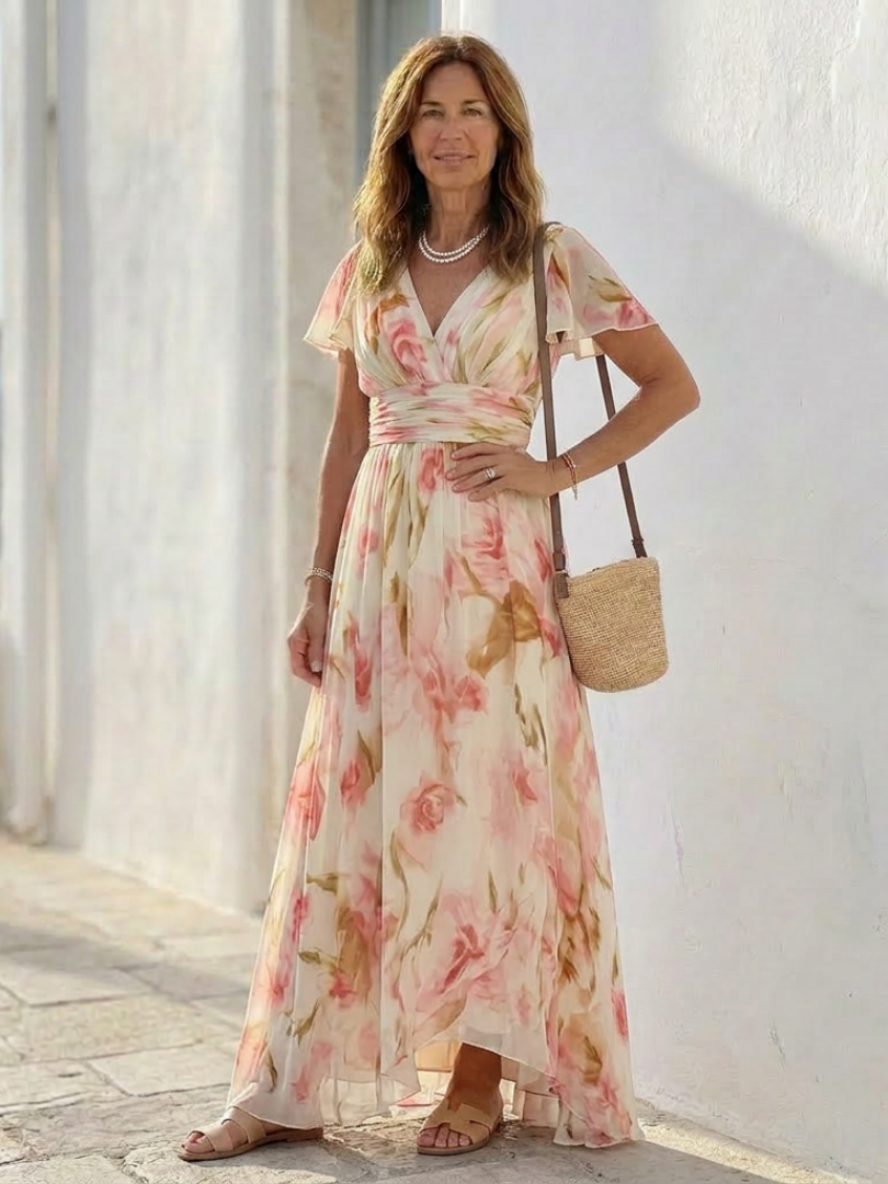 Pink V-Neck Floral Flutter Sleeve Ruched Waist Chiffon Maxi Dress