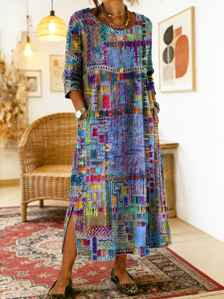 Round Neck Abstract Patchwork Print Long Sleeve Side Slit Maxi Dress