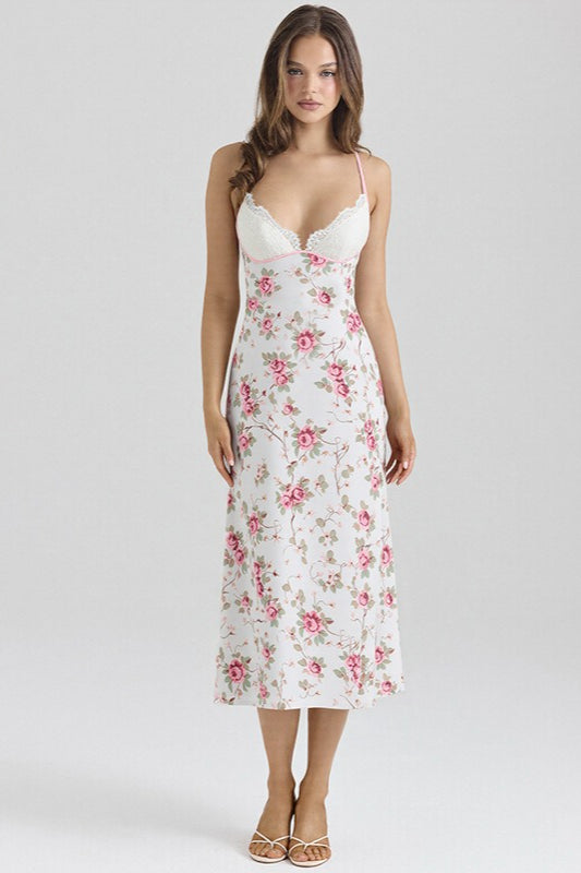 Pink Spaghetti Strap Deep V Lace Cup Floral Print Bodycon Maxi Dress 6