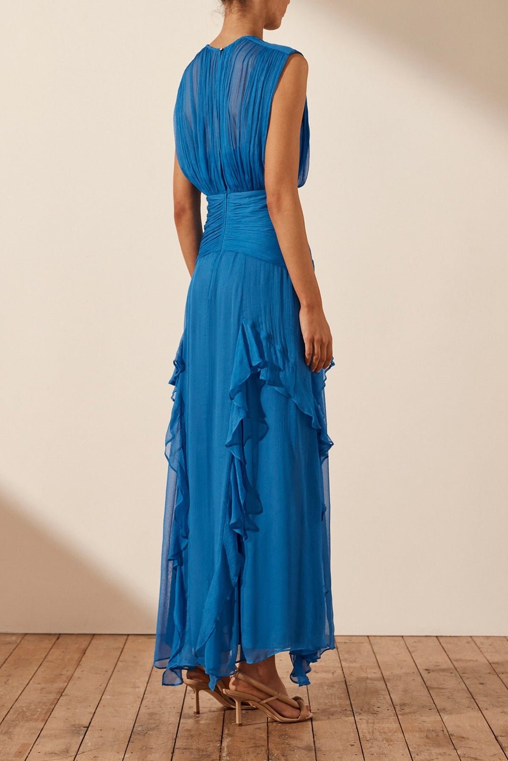 Reina Exclusive Pleated Round Neck Maxi Dress with Ruffles Designer Edit