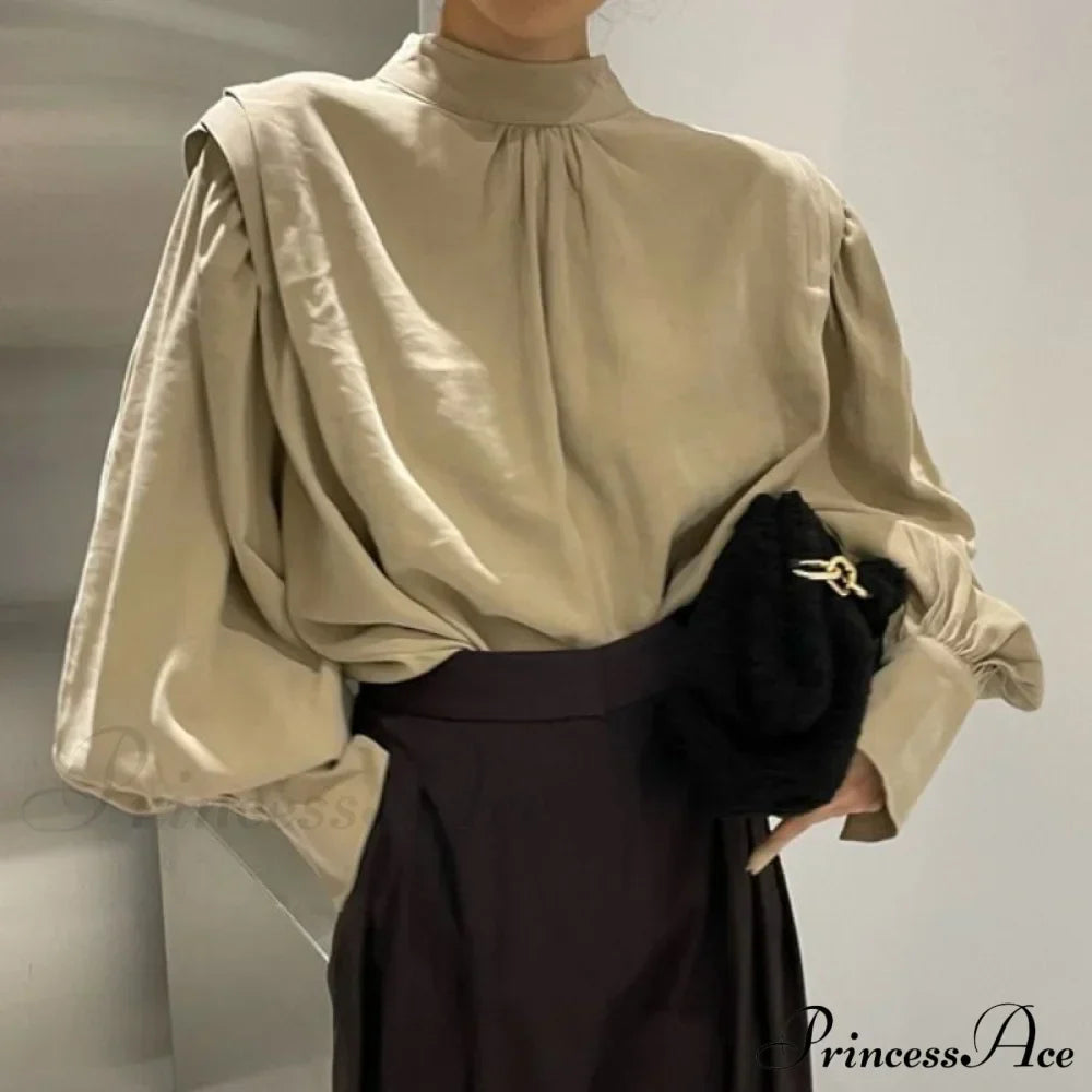 Black Lantern Sleeve ButtonUp Blouse
