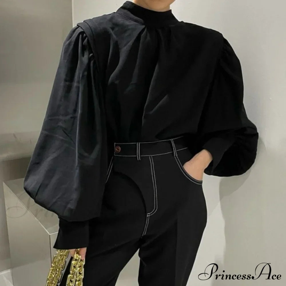 Black Lantern Sleeve ButtonUp Blouse
