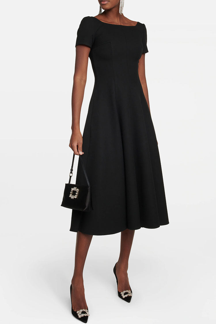 Black Boat Neck Short Sleeve Fit And Flare A-Line Midi Dress