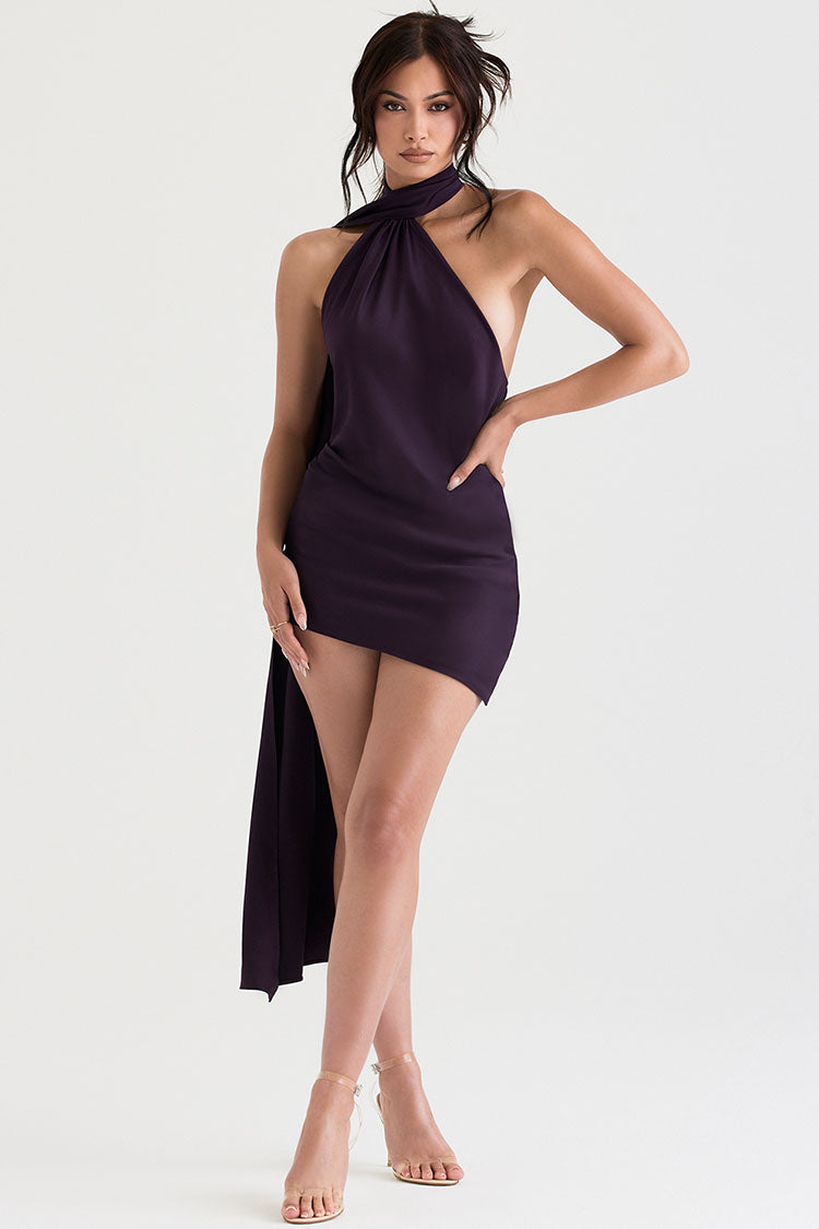 Purple Halter Tie Neck Draped Satin Asymmetric Bodycon Mini Dress
