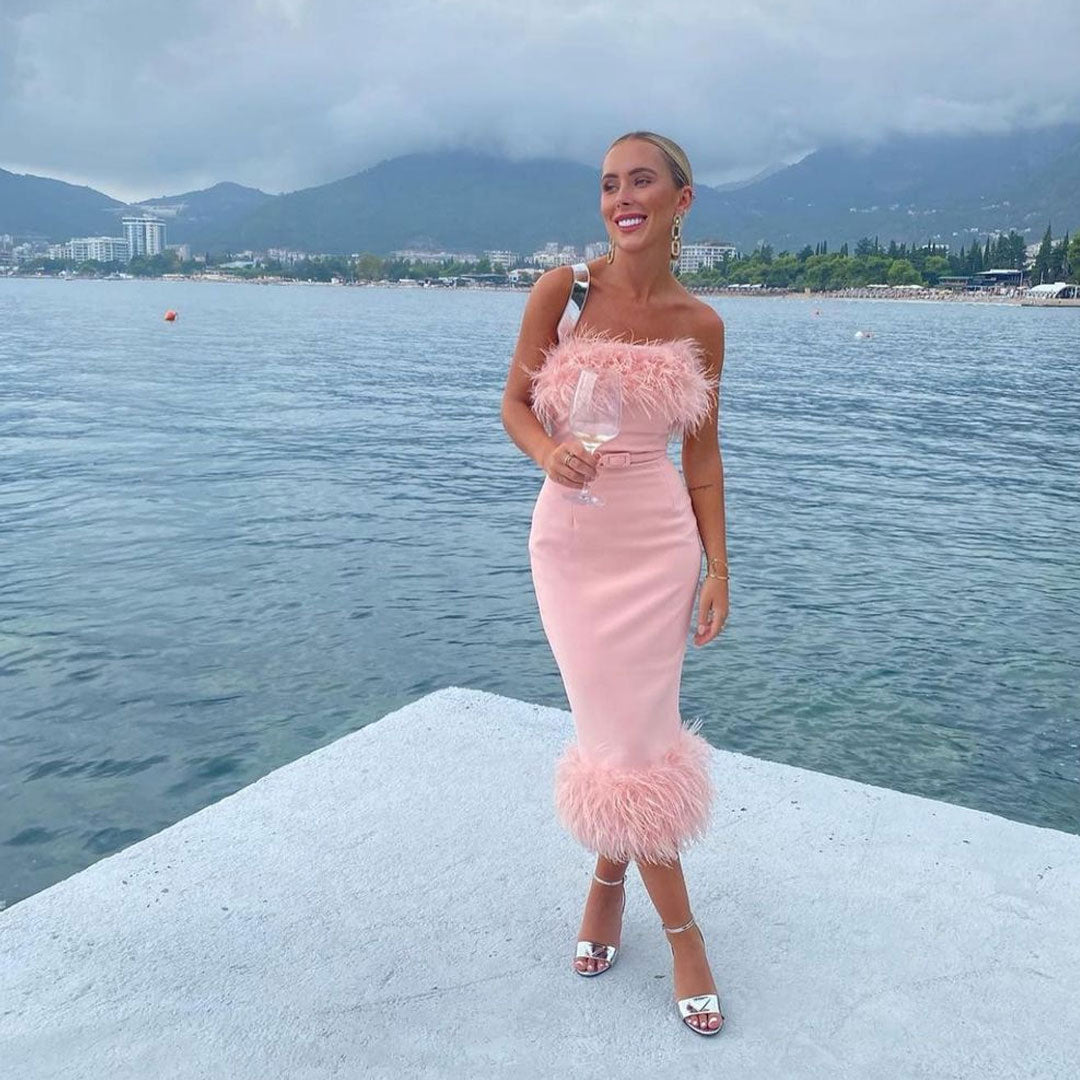 Pink Strapless Feather Trim Hem Bodycon Maxi Dress