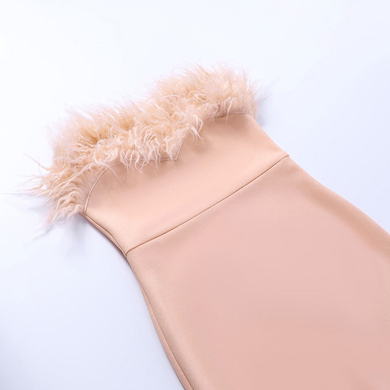 Pink Strapless Feather Trim Hem Bodycon Maxi Dress