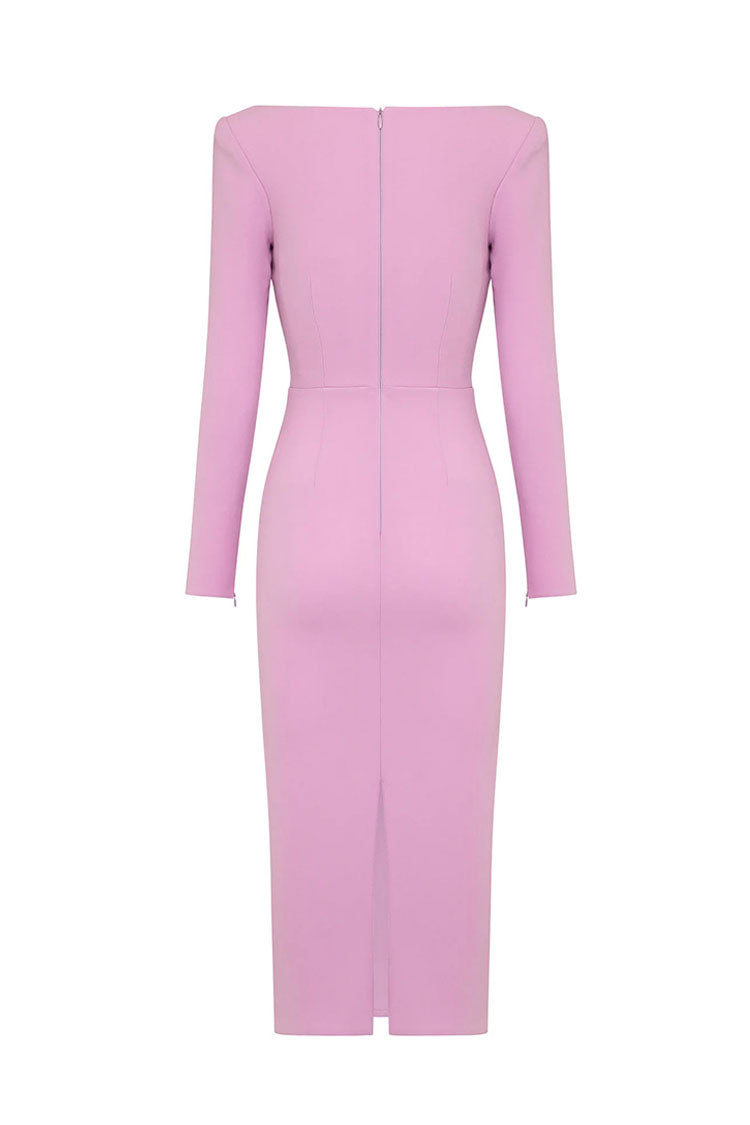 Pink Round Neck Long Sleeve Twist Front Cutout Bandage Bodycon Midi Dress