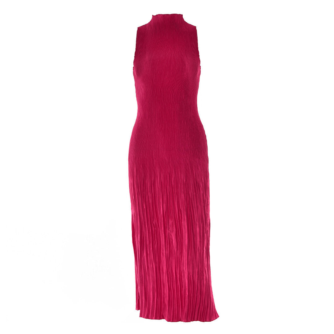 Burgundy High Neck Pleated Sleeveless Bodycon Midi Dress