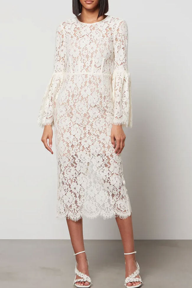 White Round Neck Bell Sleeve Eyelash Lace Sheath Midi Dress