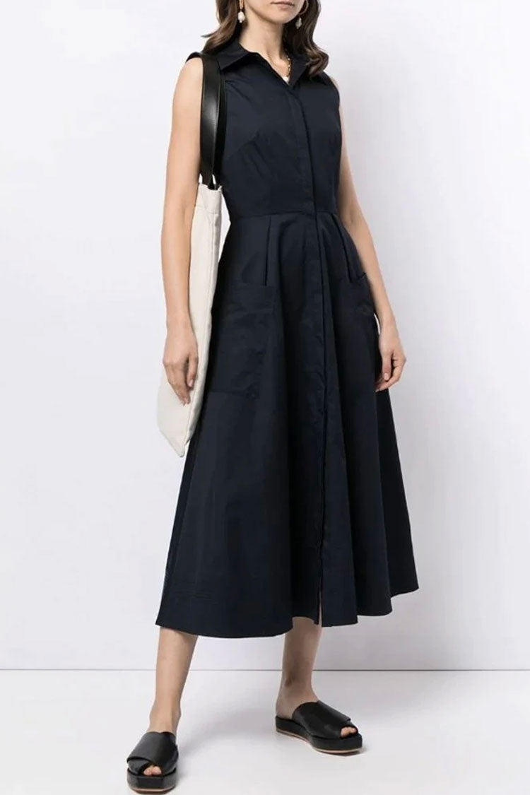 Black Collared Sleeveless Button Down Pocket A-Line Midi Dress