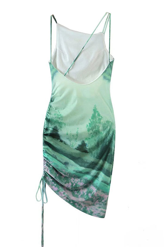Green Sleeveless Ruched Printed Bodycon Mini Dress