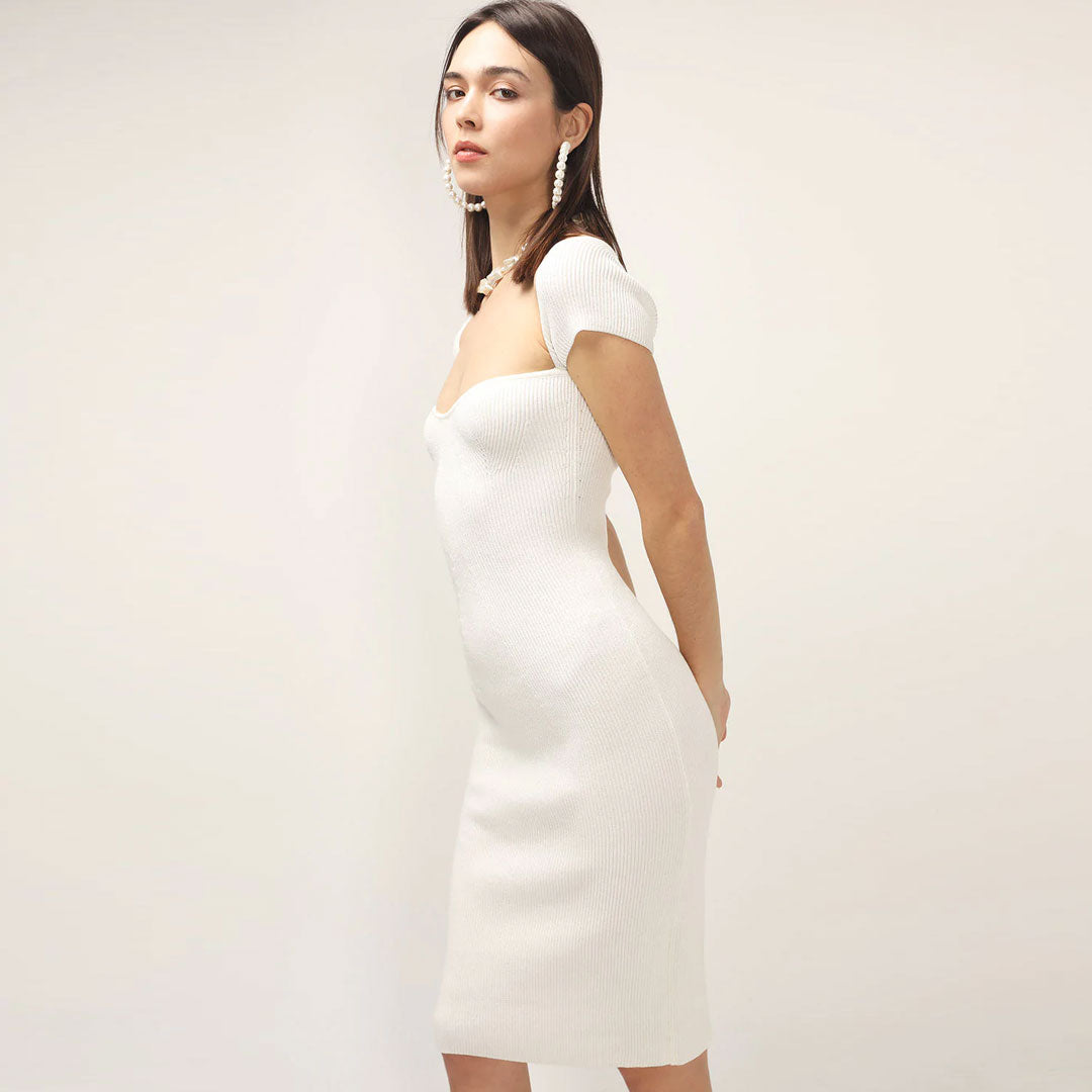 White Sweetheart Neck Cap Sleeve Ribbed Knit Bodycon Midi Dress